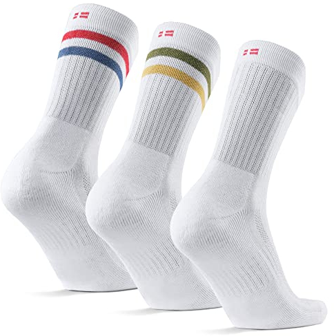 DANISH ENDURANCE Bio Baumwoll Tennissocken, Sneaker Socken, Sportsocken, Unisex, Herren & Damen, 3 & 6 Paar, Mehrfarbig (1xGrün/Gelb Gestreift, 1xRot/Blau Gestreift, 1xWeiß), 43-47