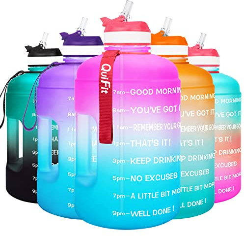 QuiFit 3.78 Litre Motivational Water Bottle - with Straw & Time Marker,Wide Mouth,BPA Free,Reusable,Ideal for Gym,Outdoor Sport,Home & Office (Pink/Blue Gradient, 3.78 Liter)