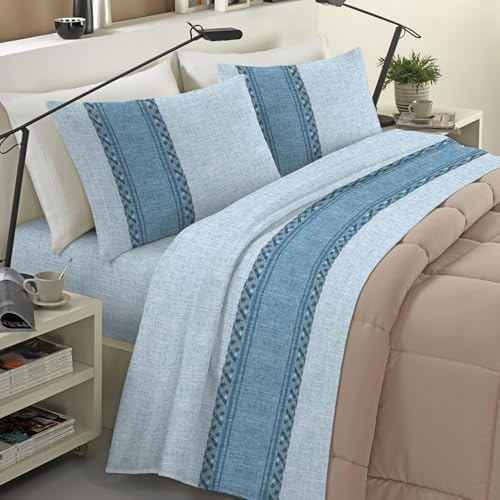 Banzaii Completo Lenzuola Invernale Felpate in Flanella Anti-Pilling 100% Cotone Matrimoniale (per Materasso 160/170 cm, Altezza Fino a 35 cm) Denise Acquamarina