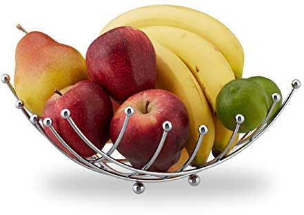 Relaxdays Obstschale, dekorativer Obstkorb, Eisen verchromt, Obst & Gemüse, Gitter Design, HBT: 10 x 26 x 26 cm, silber
