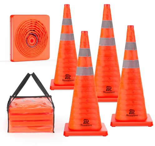 RoadHero 28 Inch 4 Pack Collapsible Traffic Safety Cones, Multi Purpose Pop-up Cones with Reflective Collar for Road Safety, Orange Cones for Driving Training, Parking Lots