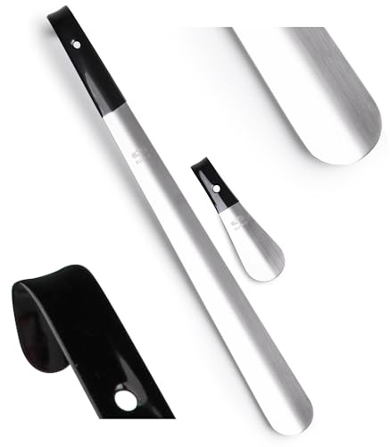 SULPO 2-pack skoskop-set – skoodlare av rostfritt stål och aluminium, ögla för upphängning och gummihandtag för bekväm skopåtagning – perfekt för seniorer, gravida kvinnor, funktionshindrade, silver, 15 cm 72 cm