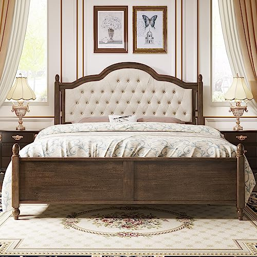 LUXOAK Solid Wood Bed Frame with Linen Upholstered Headboard, Queen Size Wood Platform Bed with Wood Slats, No Box Spring Needed, Easy Assembly, Walnut