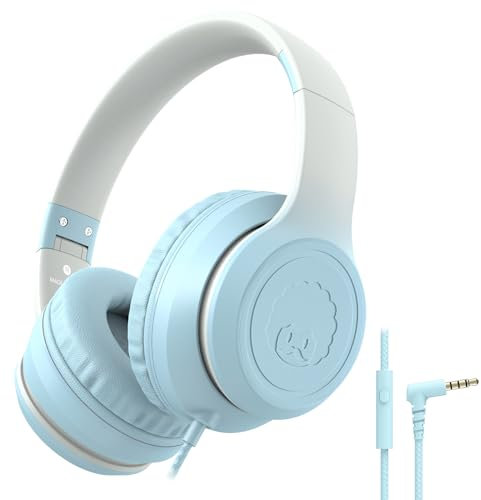 Rockpapa L22 Kids Headphones Wired, Over Ear Headphones with Microphone, Adjustable Headband, Foldable, Wired Headphones for Phones,Tablets,PC,TV (Blue)