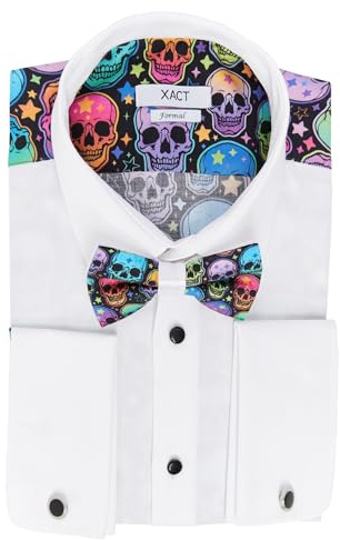 Xact Men's Printed Tuxedo Shirt, Double/French Cuff, Regular Fit, Bow Tie & Cuff Links Included (Neon Skulls) 16 1/2