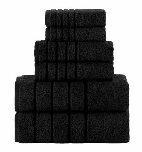 Elegant Comfort Juego de 6 Toallas de 4 líneas de Viscosa a Rayas, Toallas de baño de Lujo 100% algodón Turco de Alta absorción, Incluye 2 paños, 2 Toallas de Mano y 2 Toallas de baño, Color Negro