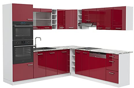 Vicco Eckküche R-Line, Rot Hochglanz/Weiß, 247 x 60 cm, AP Eiche