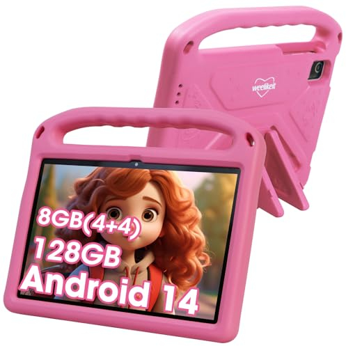 Weelikeit 2024 Verbessertes Kinder-Tablet, 10-Zoll-Android 14, 8 GB (4+4) RAM + 128 GB Speicher, 6000 mAh Akku, Zwei Kameras, Tolles Gerät für Kleinkinder (Pink)
