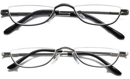 Hubeye 2 Pares Gafas de lectura de Media luna de metal para mujer y hombre con bisagra de resorte anteojos de lectura pequeña metálico de medio marco con Paño de Microfibra 2.50
