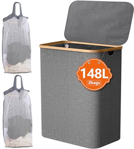IHOMAGIC Large Laundry Basket with Lid, 148L Foldable Washing Basket for Laundry, Double Laundry Hamper with Handle and 2 Removable Bags, Grey Storage Basket, Laundry bin for Dorm, Bathroom, Grey