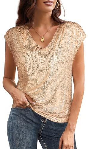 Damen Glitzer Shirt Kurzarm Oberteile Glänzend Pailletten Tops Elegant Festlich Tunika Bluse Weihanchten Party Gold M