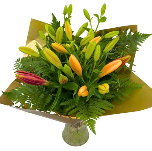 Homeland Florists Mixed Asiatic Lilies Fresh Flowers Bouquet - Send a Luxury Gift Wrapped Bouquet of Red Orange and Yellow Lilies with Personalised Handwritten Card