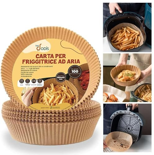 Carta Forno Friggitrice ad Aria - Carta Forno SENZA PFAS Rotonda Antiaderente 16-25cm - 100 Fogli per Friggitrice ad Aria 100% Naturale THE DODIS