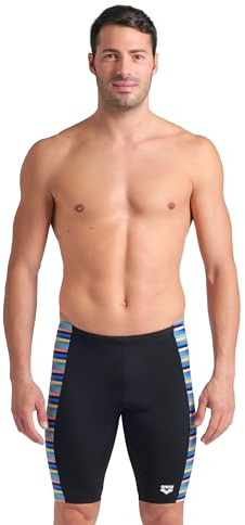 ARENA Performance Men's Racing Stripe Swim Jammer MaxLife Athletic Practice Knee-Length Swimsuit Short Competitive Training Bathing Suit, Black/Multi, US Size 34