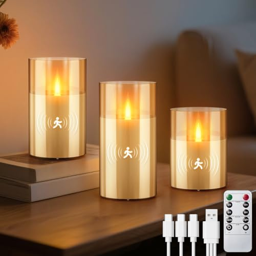 3PC Velas LED Recargable con Sensores de Movimiento, Vidrio Velas Sin Llama con Temporizador de Mando a Distancia, Velas Electricas de cera de verdad Decorativas de pilas para Bodas, Navidad(Oro)