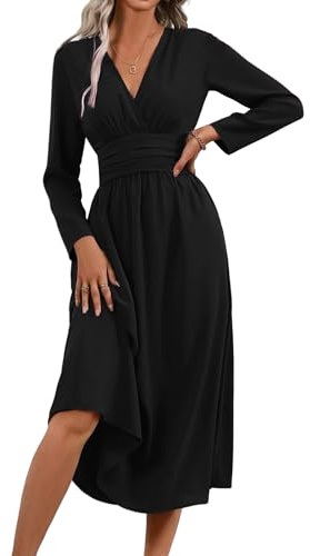 LIAMERHE Robe Hiver Femme Élégante Col en V Manches Longues Robes Casual Taille Haute Ligne A Robe Longue Robes de Mariage Décontractée Noir L