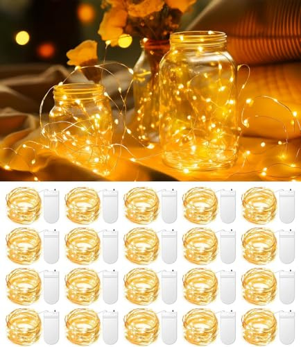 Piucrty Mini guirnalda luminosa a pilas, cinta fina de 1 metro con 20 microbombillas LED, lote de 20, alimentada por pilas de botón, para uso en interiores, luces navideñas blancas cálidas,