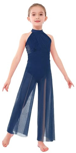 Oyolan Mono De Baile Lírico Para Niñas Body Sin Mangas Con Cuello Alto Con Lentejuelas Body De Gimnasia Traje De Baile De Salón Azul marino 11-12 años