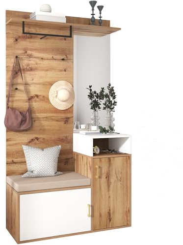 Ensemble de garde-robe de couloir avec miroir et banc | Armoire de couloir avec armoire à chaussures, crochet | Ensemble de garde-robe compact (pas un produit en une seule pièce, nécessite des trous