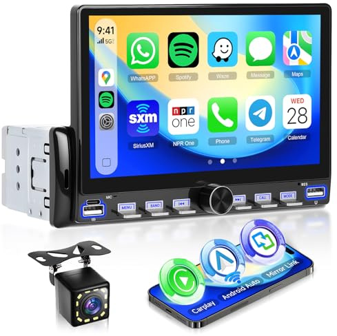 Hodozzy Autoradio 1 Din avec Carplay sans Fil Android Auto, Écran Tactile 7 Pouces Poste Radio Voiture 1 Din Bluetooth, Lien Miroir, FM Type-C/USB/AUX, MP5 Lecteur Vidéo en Ligne avec Caméra Recul