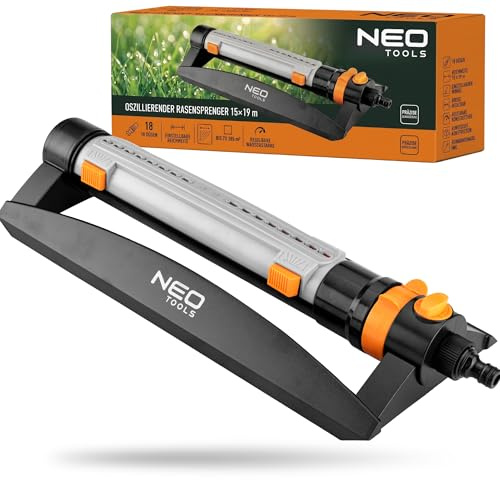 NEO TOOLS Rasensprenger 15x19m bis 285 m2 Reichweite, Viereckregner Rasen-Sprinkler mit Variabler Breite, größte Bewässerungsfläche