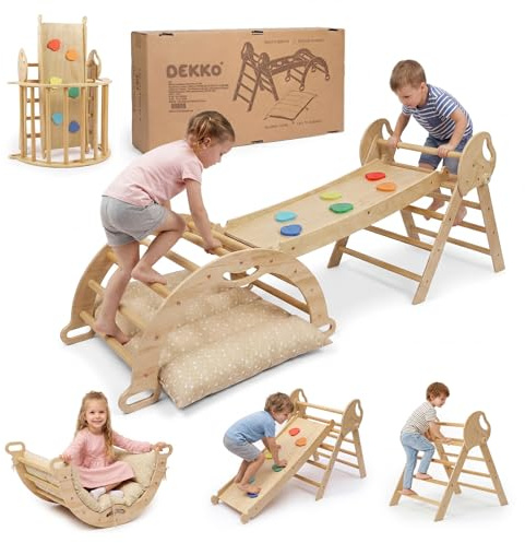 Dekko Climbing Frame for Toddlers, Indoor Baby Climbing Frame, Wooden Montessori Climbing Set with Slide, Arch & Ladder, Foldable Play Gym, Pine Wood, Natural Wood Colour