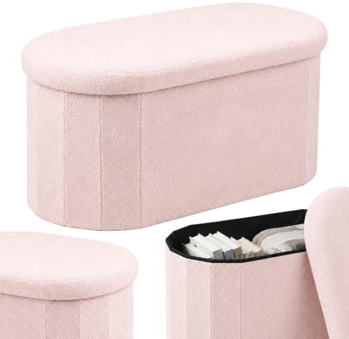 Relaxdays bänk, teddytyg, förvaringsutrymme, stoppad, hall, rosa | Sovrum, HBT: 38x76x38 cm, bouclé-sittkista