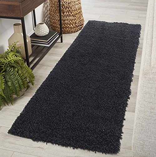 Serdim Rugs Living Room Hallway Runner Shaggy Rugs, Polypropylene, Black, 60x220cm(2 x7'3)