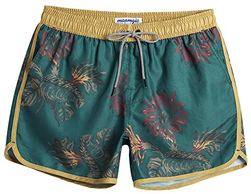 MaaMgic Herren Badeshorts Vintage Retro Boardshorts Schnelltrocknend Kurz Badehose Schwimmhose mit Mesh-Futter und Verstellbarem Tunnelzug Gelb Dunkelgrün M