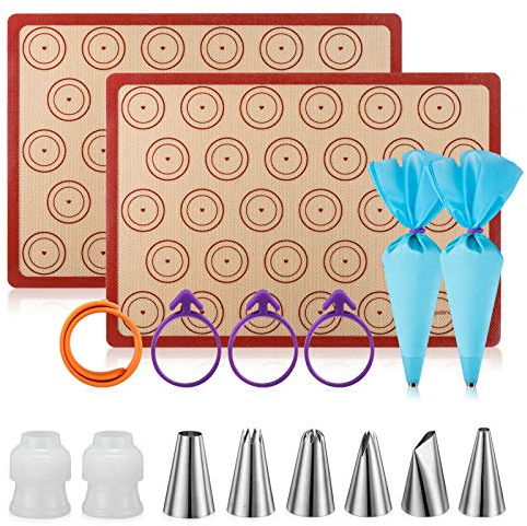 Angadona Macaron Silicone Baking Mats Kit (16pcs set) Macaroon Baking Mat Set of 2 Half Sheet Macaron Silicone Mat Nonstick Macaron Mat Sheet,6 Piping Tip,2 Piping Bag with 3 Bag Tie,2 coupler