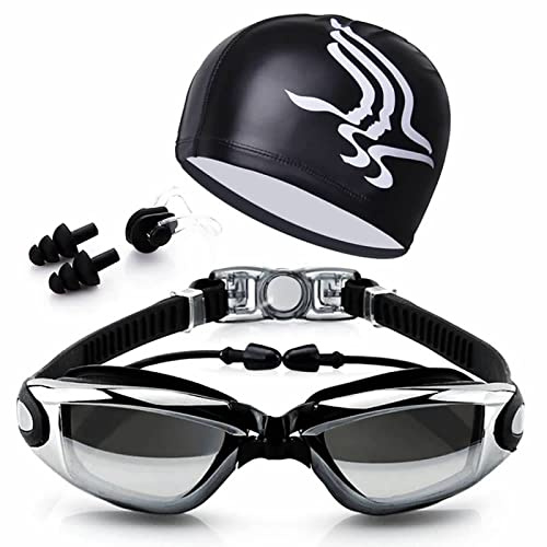 Superior ZRL - Juego de Gafas de natación 5 en 1 + Gorro de natación + Pinza de Nariz + Tapones para los oídos + Funda, HD antiniebla 100% protección UV para Adultos, Hombres, Mujeres, jóvenes, Negro