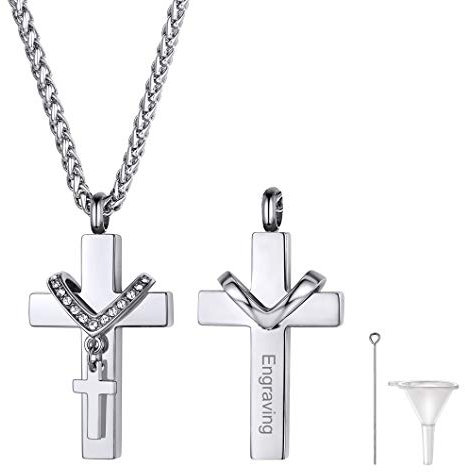 Richsteel gravierbarer Memorial Asche Andenken aus Edelstahl Halskette mit doppeltkreuz als Erinnerung Schmuck für Unisex