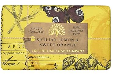 The English Soap Company Anniversary Sicilian Lemon and Sweet Orange Soap - Shea Butter Bar with Citrus Scent - Vegan Friendly, Plastic-Free Recyclable Packaging, Made in England - 190g
