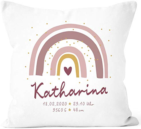 SpecialMe® personalisierbarer Kissen-Bezug zur Geburt Regenbogen Namenskissen Herz Geschenk Geburt Baby Mädchen weiß 40cm x 40cm