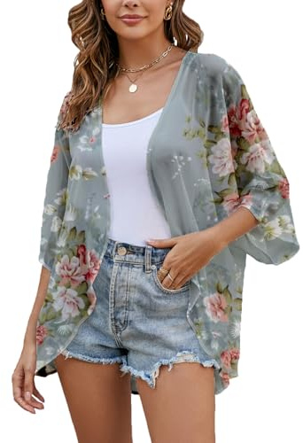 Heynino Women's Floral Print Casual Kimono Cover up Sheer Loose Blouse Tops Grey 2XL