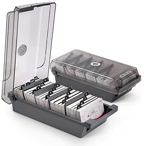 GOCUODE 500 Karten Visitenkartenbox Desktop,Box für Visitenkarten mit Teilerplatinen und A-Z Index Registerkarten (Grau)