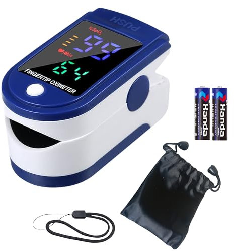 oxymetre de doigt professionnels - Ecran LED avec etui et cordon-oxymetre de pouls electronique avec Moniteur de frequence cardiaque-SPO2- etui et piles inclus-notice en Français (bleu)