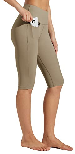 WILLIT Pantalones capri para mujer, hasta la rodilla, con bolsillos, cintura alta, para el verano, yoga, entrenamiento, Crudo, L
