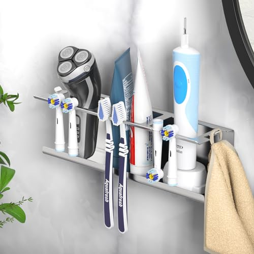 Luxspire Zahnbürstenhalter Wand, Zahnbürstenhalter Elektrische Zahnbürste 10 Schlitze Kompatibel mit Oral B iO Philips Sonic, Zahnputzbecherhalter Ohne Bohren für Badezimmer, Silber