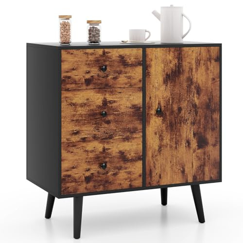 TANGZON Storage Cabinet, Industrial Buffet Sideboard with 3 Drawers, Adjustable Shelf & Anti-tipping Device, Freestanding Wooden Storage Cupboard for Kitchen Living Dining Room Hallway (73x 40x76cm)