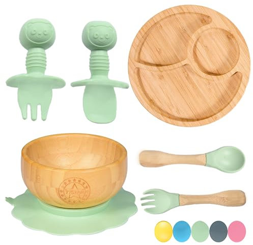 77 Star Bamboo Baby Weaning Set, Baby Suction Bowl, Suction Plate Baby, Spoon & Fork, Strong Detachable Suction Base Baby Feeding Set, Non-Slip Bamboo Bowl & Baby Plates with Suction (Mist 1)