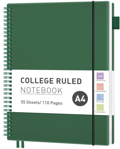 RETTACY A4 Spiral Notebook, Lined Journal, Notepad, 110 Pages, Dark Green | Flexible Plastic Cover Note Book, 100 GSM College Ruled Paper, with Pocket, Pen Loop, Ruler & Bookmark - 21.5 x 27.9 cm