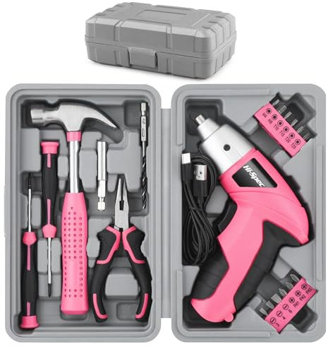 Hi-Spec 19pc 3.6V Pink USB Small Power Screwdriver & Home DIY Tool Kit Set. Cordless & Rechargeable Electric Screwdriver and Compact Hand Tool Box Set