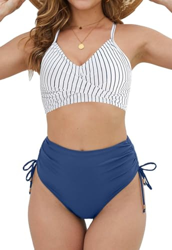 CheChury Womens High Waisted Bikini Set Tummy Control Push Up Bikini Padded High Waist Bikini Bottoms Lace-Up Swimwear Swimming Costume Women 2 Piece Swimsuit Bathing Suit for Women,Striped,S