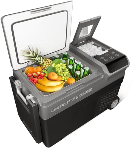 12 Volt Car Refrigerator with Ice Maker, 40QT Car Compressor Cooler with Wheels, APP Control Portable Refrigerator -4℉-68℉ with AC & DC Charger, Car Freezer for Travel, Home, Camping, Outdoor