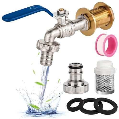 Kugelauslaufhahn 1/2 Zoll Kugel-Auslaufventil Messing Wasserhahn Regentonne Universal Frostsicher Garten Wasserhahn mit Schlauchverschraubung+Filtersieb,Regenwassertank IBC Tank Zubehör (Blau)