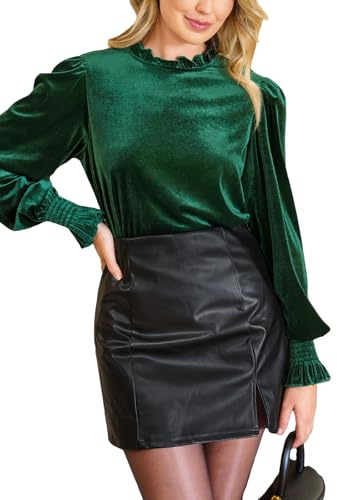 CUPSHE Camicetta da donna in maglia con volant a collo alto con maniche lunghe a sbuffo, Verde, L