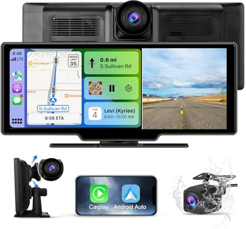 AWESAFE Pantalla Táctil de 10.26 Pulgadas para Coche con CarPlay/Android Auto Inalámbrico, Pantalla Portátil con Dashcam 4K Frontal/Cámara Trasera de HD 1080P/Control por Voz/Bluetooth/Mirror Link