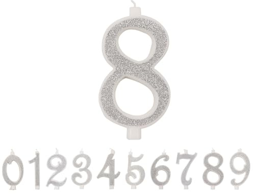 Candele Numeri di Compleanno Numero 8, Candela grande, Colore Argento Glitter e 3D, Decorazione Torta Compleanno,Candele Torta Matrimonio (Argento, 8)