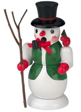 Kaladia Figura de incienso de muñeco de nieve con chaleco verde y palo de madera – Figura de incienso pintada a mano para conos de incienso, tamaño S/XS – Tamaño: 14 cm aprox. – Decoración para todo